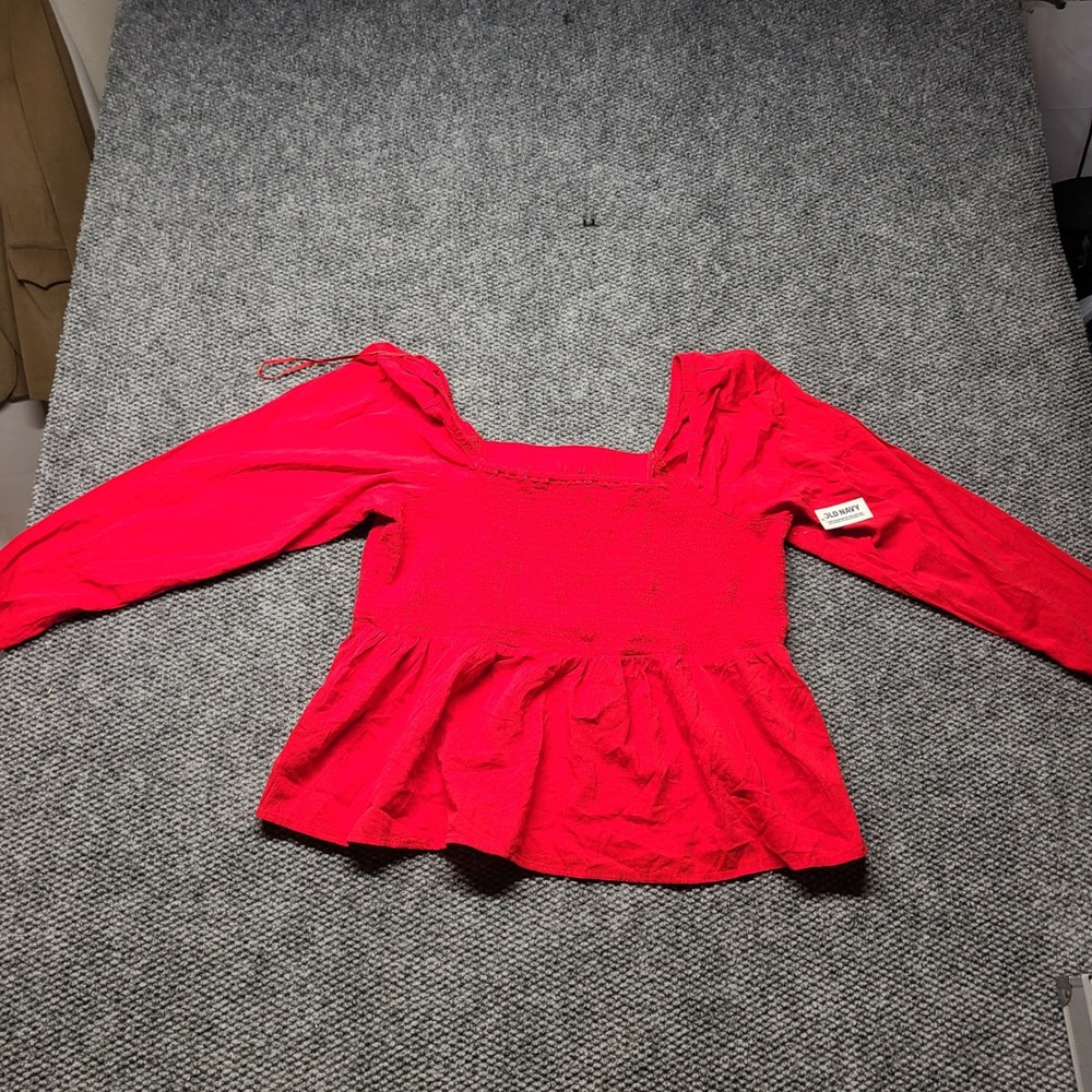 Old Navy Womens XXL Red Smocked Peplum Top Square Neck Long Sleeve Blouse NWT